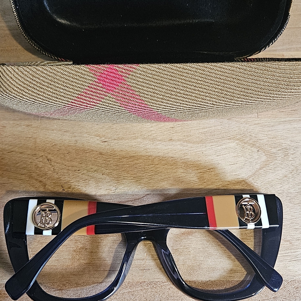 Burberry Black Eyeglass Frame And Case with Red and Tan Stripe Detail